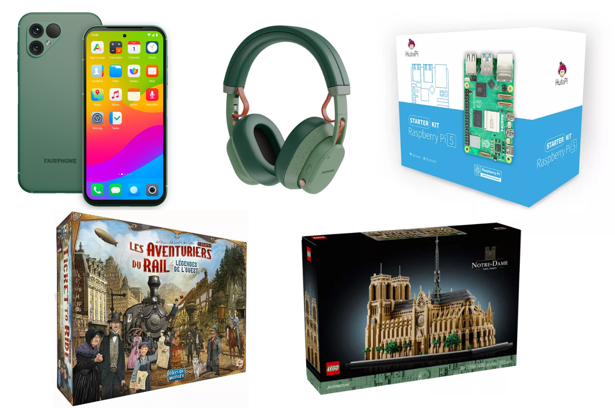 Liste des lots pour le quiz comprenant un Fairphone 5 vert (smartphone durable), un casque audio Fairbuds XL vert, un kit de démarrage Raspberry Pi 5, le jeu de société "Les Aventuriers du Rail : Légendes de l’Ouest", et une boîte LEGO représentant la cathédrale Notre-Dame de Paris dans la collection Architecture.