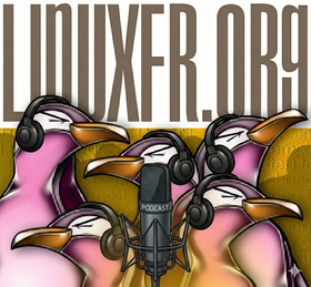 Logo LinuxFr augmenté en ajoutant un micro et des casques audio aux manchots