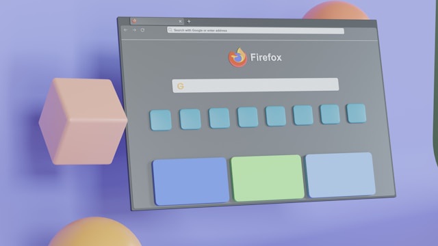 Illustration d’un navigateur Firefox ouvert sur une page d’accueil. La fenêtre du navigateur est stylisée en 3D, avec le logo Firefox visible en haut au centre. La page montre une barre de recherche et plusieurs icônes de raccourcis en bleu et en vert. En arrière-plan, des formes géométriques 3D comme des cubes et des sphères flottent dans un espace violet.