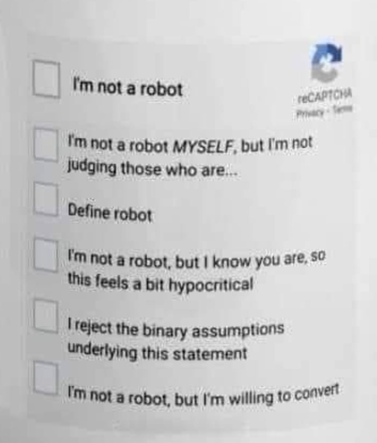 Une fausse capture d'écran de Recaptcha avec des questions existentielles sur la condition des robots