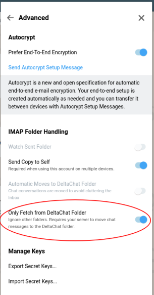 Capture d'écran des réglages avancés de DeltaChat avec l'option à activer mise en valeur par une ellipse rouge