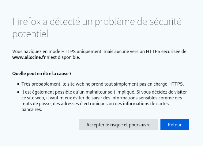 Écran d’ajout d’une exception au mode « HTTPS uniquement » sur Firefox 79