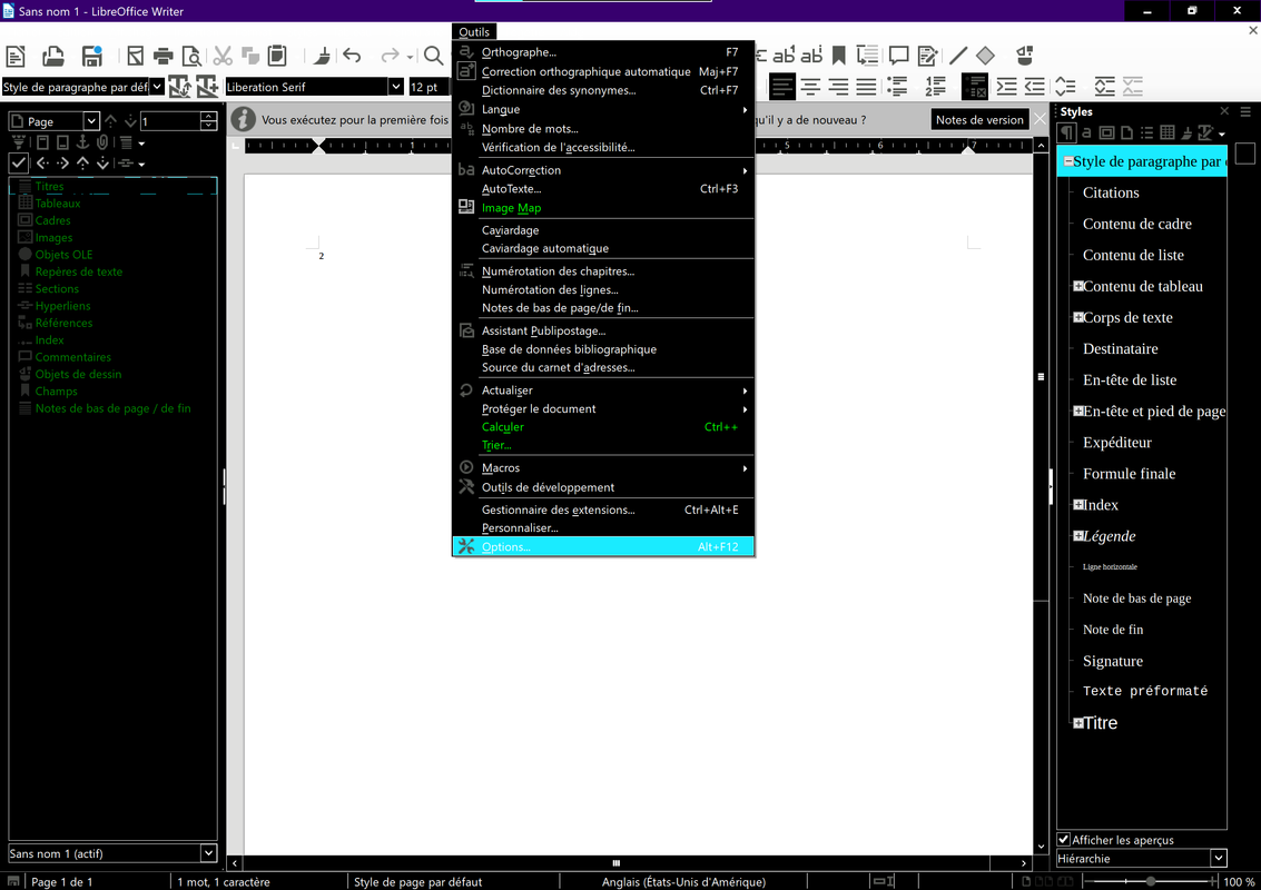 LibreOffice Writer en mode contraste élevé sous Windows