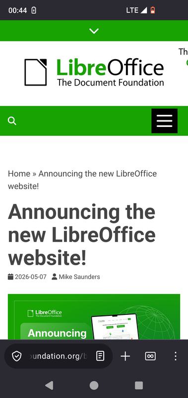 Capture du nouveau site de LibreOffice depuis un Samsung S10e : les inscriptions débordent de l'écran dès le titre