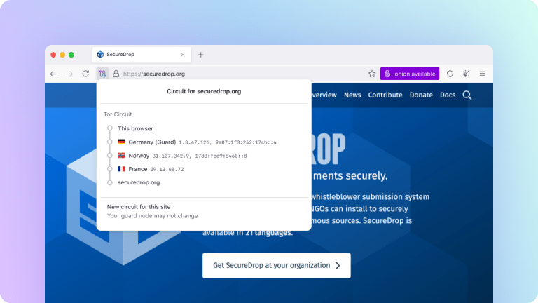 Nouveau bouton d’interface de Tor Browser dévoilant le circuit de pays emprunté par le navigateur