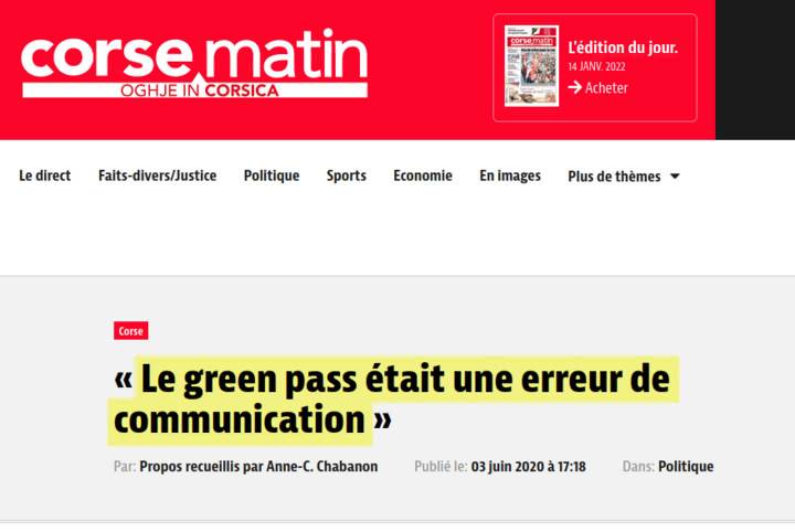 Corse Matin : le green passe était une erreur de communication
