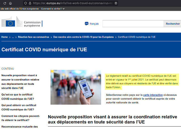 Commission Européenne : Certificat Covid en Vigueur