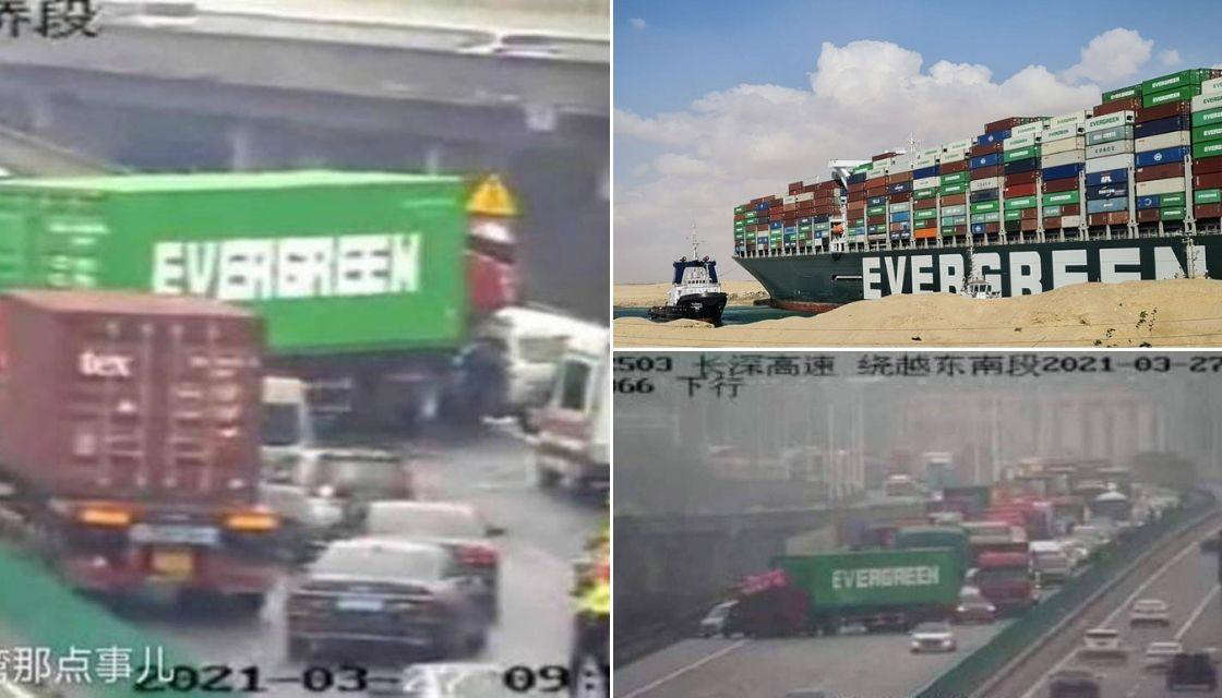 Truck carrying Evergreen container causes traffic jam in China days after Ever Given blocks Suez Canal