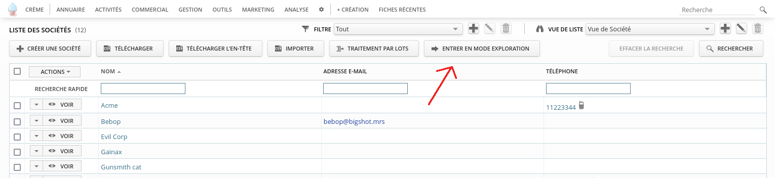 Liste de société affichant le bouton pour rentrer en exploration