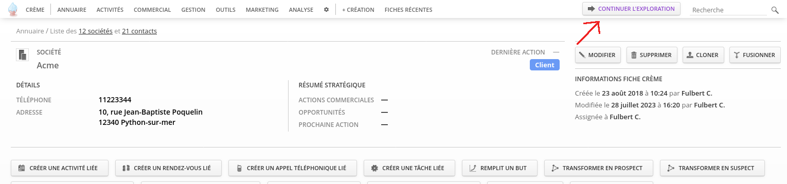 Fiche de société affichant le bouton pour continuer l’exploration