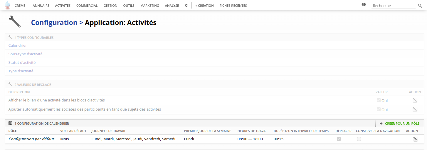 La configuration des calendriers du module « Activités »