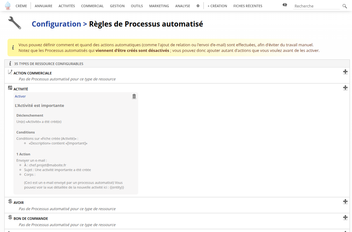 Un processus automatisé créé par un utilisateur pour les Activités