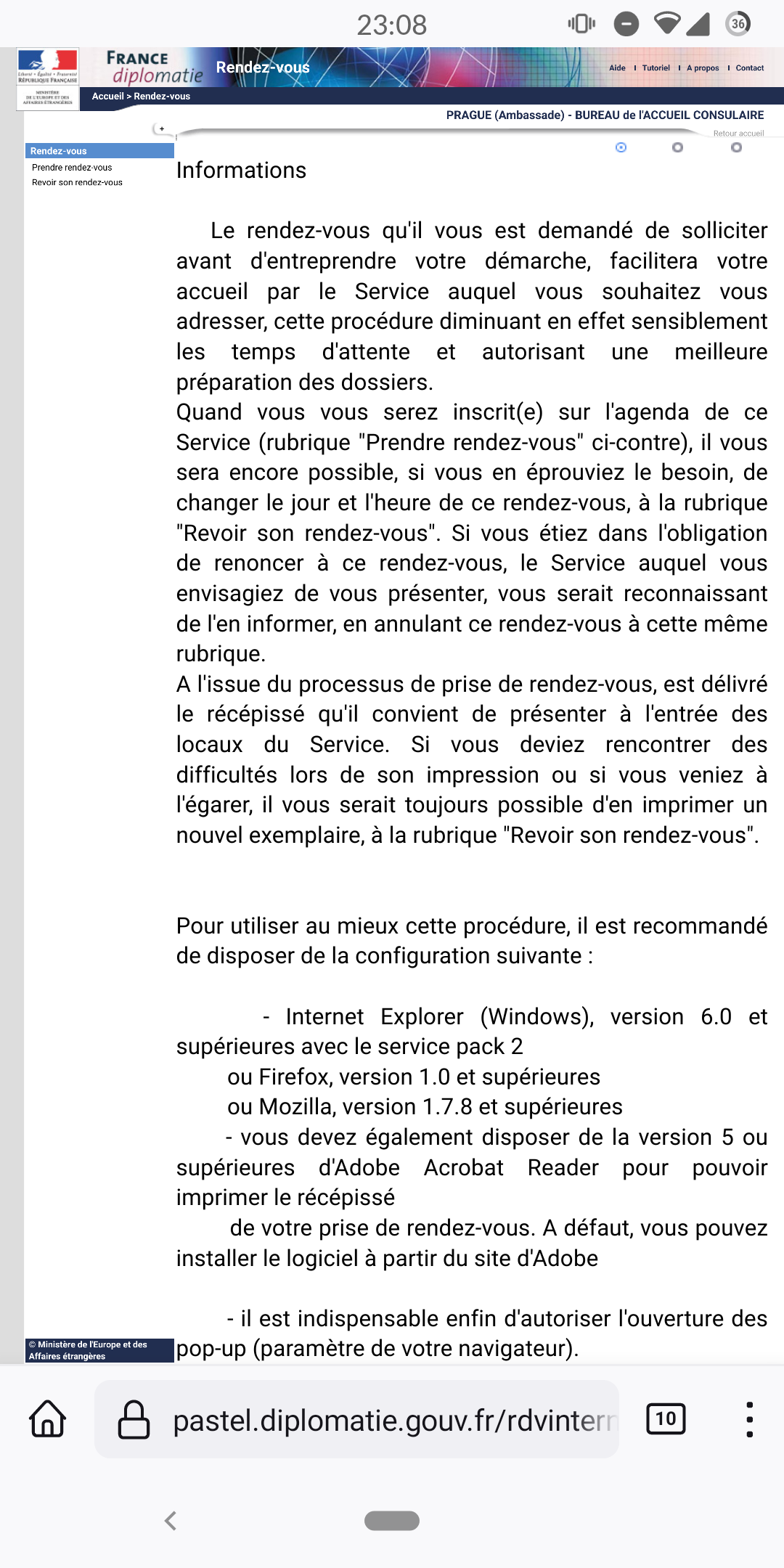Capture d'écran de la prise de rendez-vous en ambassade française. Le site mentionne IE 6, Firefox et Mozilla 1