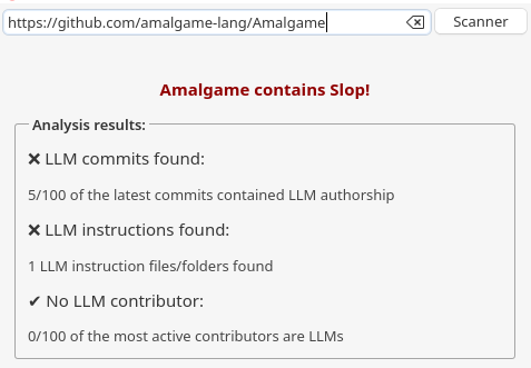 Capture d’écran d’une analyse du logiciel par mon utilitaire SlopFinder indiquant que 5 commits au moins ont été assistés par IA