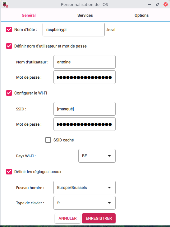 capture d'écran des options: Wifi activé, mot de passe...