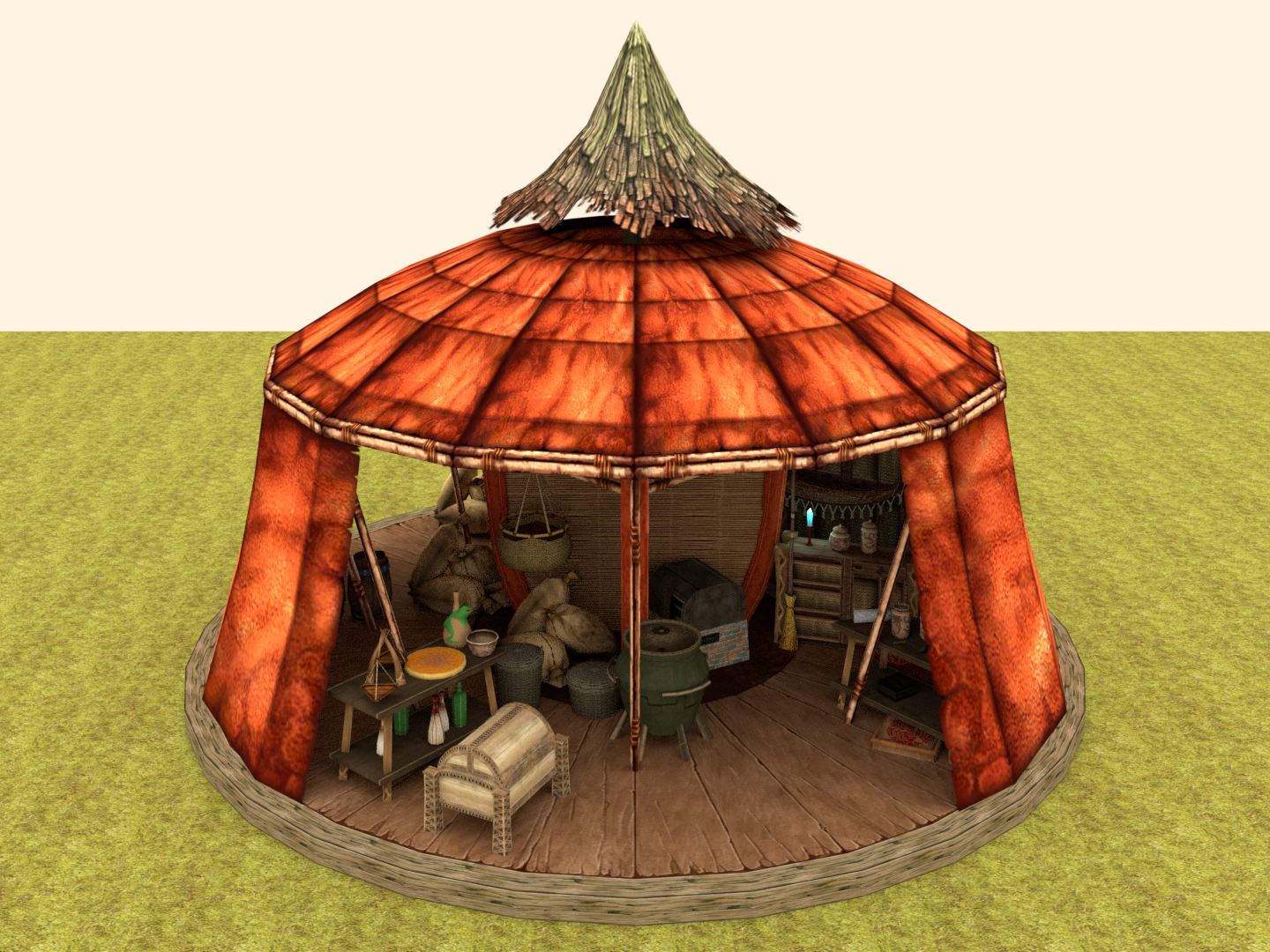 Une tente, création originale pour Khaganat, avec plein de bazar