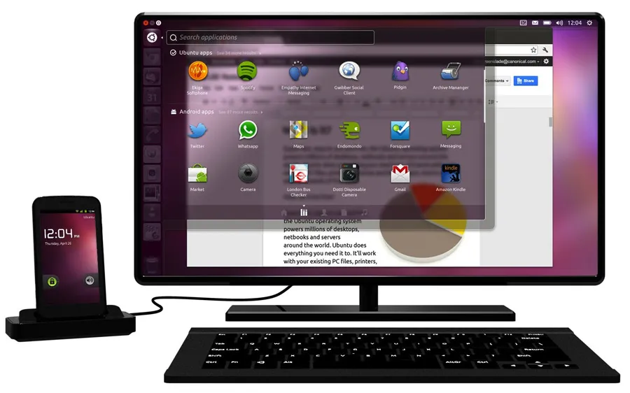 Ubuntu Phone relié à un moniteur externe affichant un bureau Unity