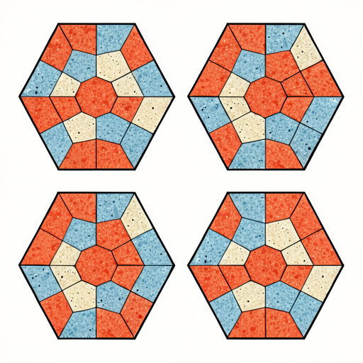 Quatre hexagone dans lesquels il y a des pentagones différents. Les couleurs sont le bleu, le rouge et le beige.