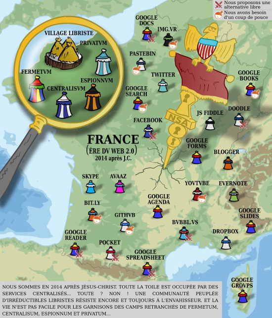 Carte illustrant l'invasion des services propriétaires (camps romains) face au camp des Libristes qui résiste (village gaulois)