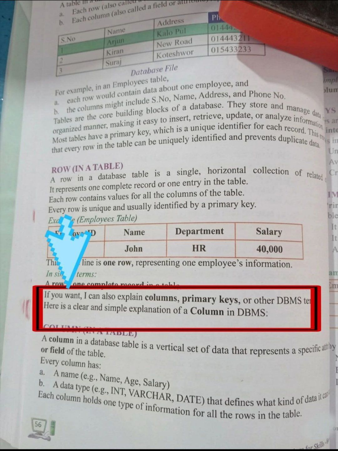 Un livre de cours sur les bases de données comporte un paragraphe "if you want, I can also explain columns, primary keys [...]"