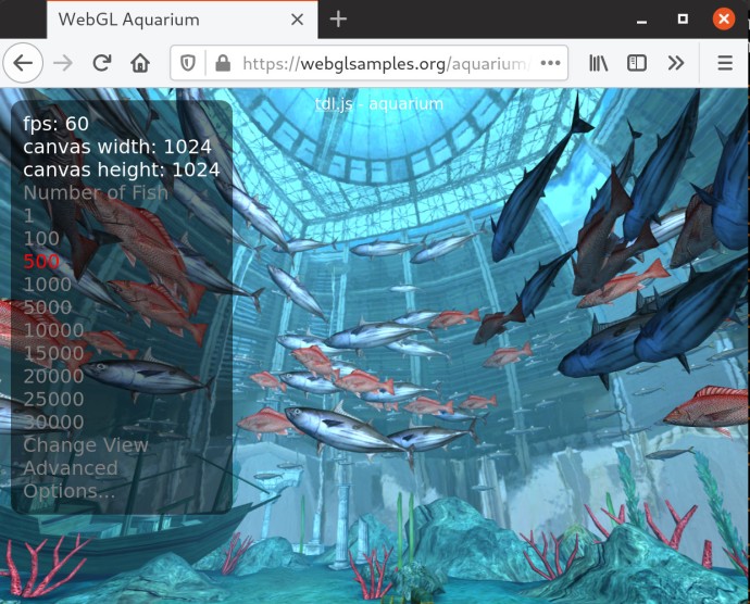 Capture d’écran de la célèbre démo WebGL Aquarium tournant à 60 i/s