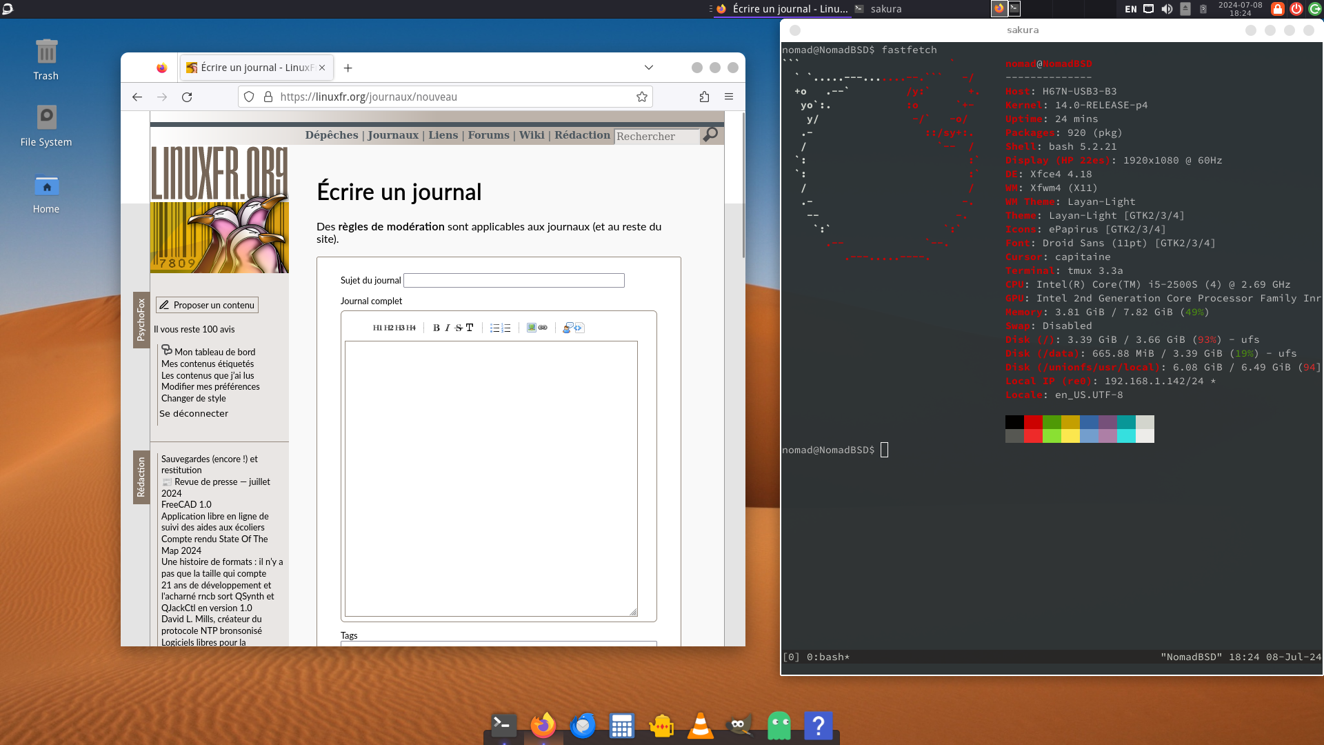 capture d'écran de NomadBSD montrant un terminal ainsi que firefox