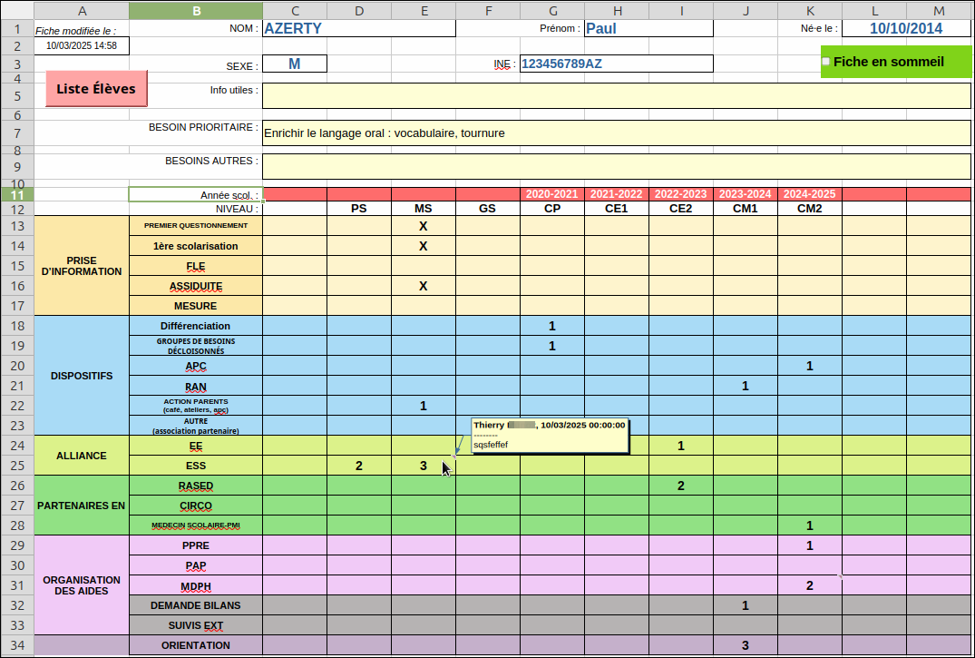 Classeur LibreOffice Calc de suivi