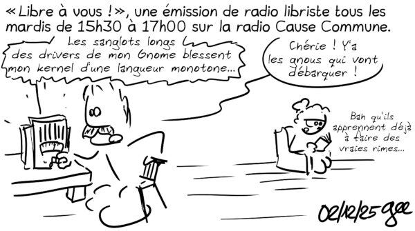 Source : https://pic.infini.fr/g7MsBlqi/EWeBFsDB.png L’émission de radio de l'April écoutée par un couple