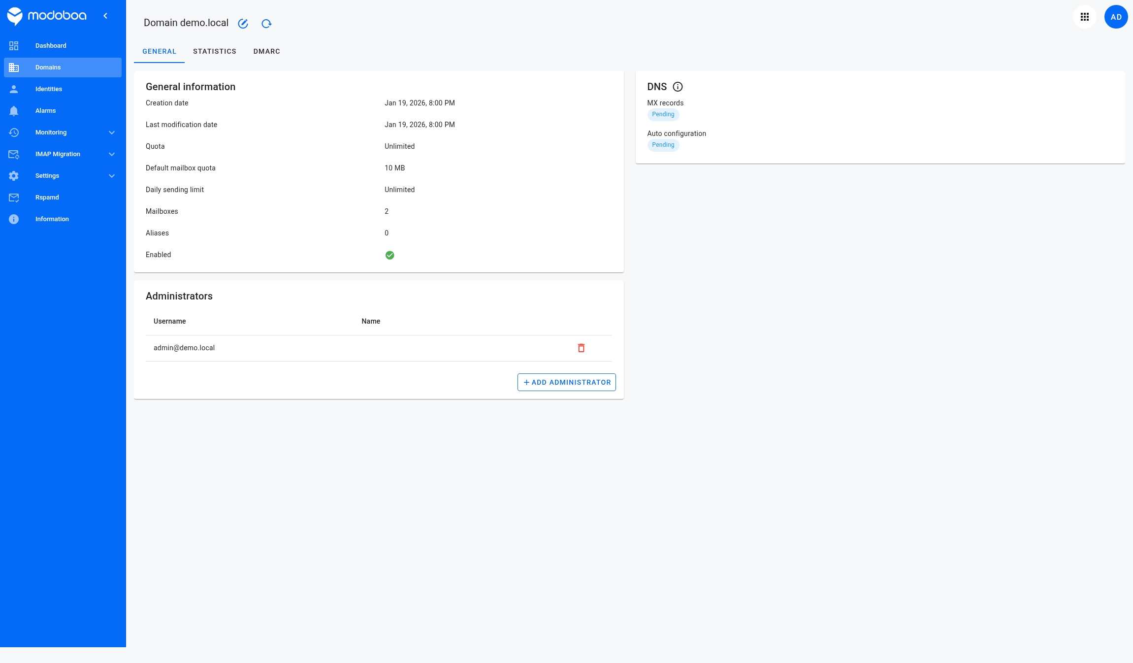 Informations du domaine