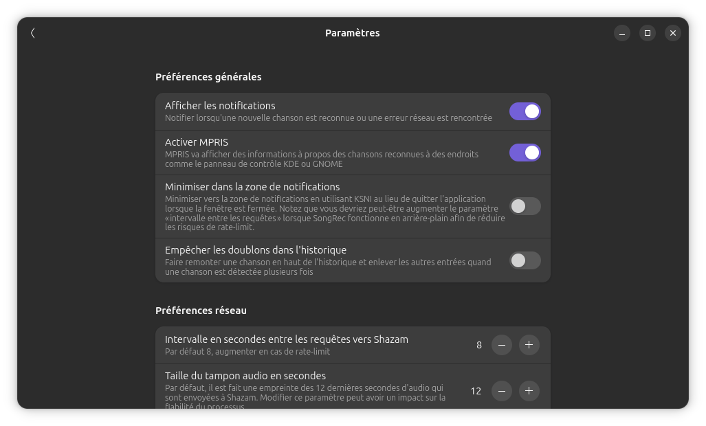 La fenêtre de préférences de SongRec