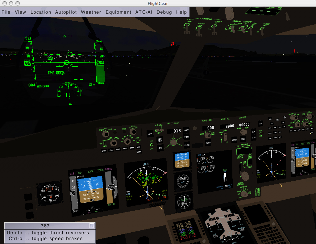 Simulation du cockpit d'un Boeing 787 dans FlightGear