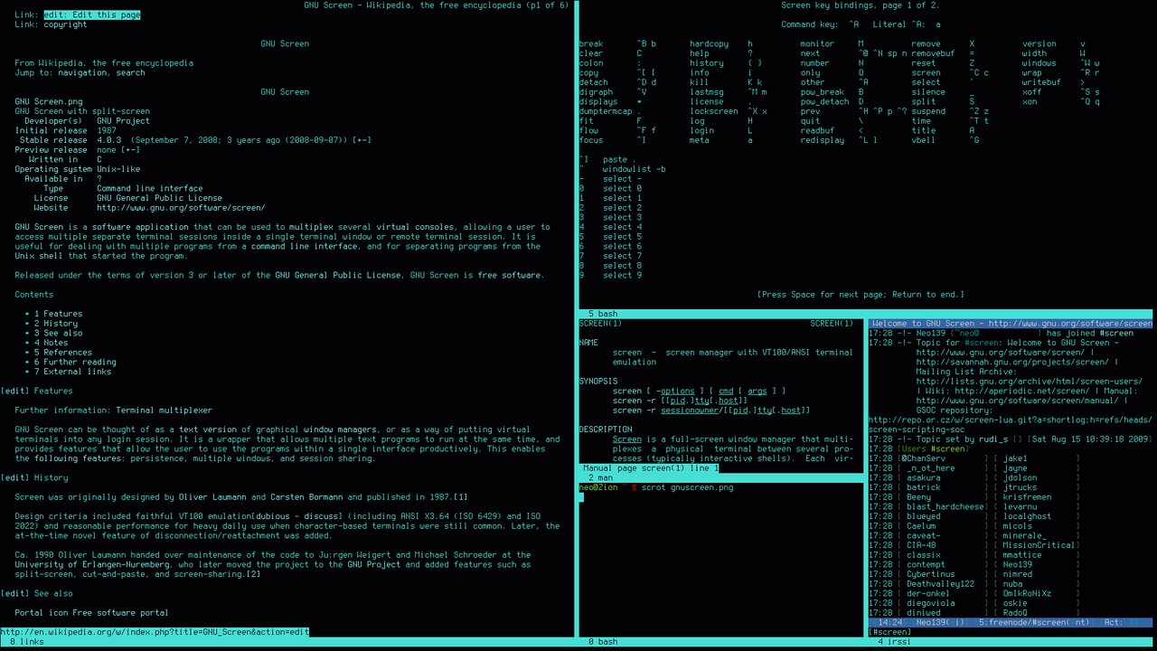 Source : https://upload.wikimedia.org/wikipedia/commons/thumb/b/b5/Gnuscreen.png/1280px-Gnuscreen.png Gnu Screen