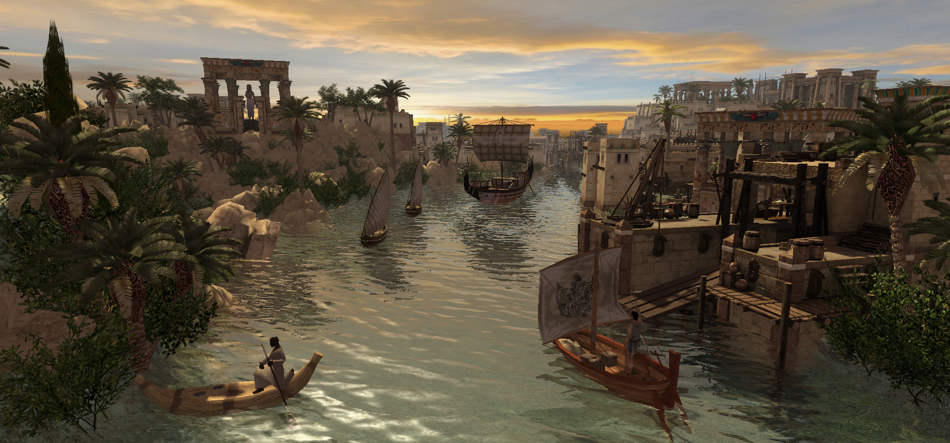 Vue graphique en HD, passage d’un détroit au sein d’une cité, civilisation Ptolémaïque