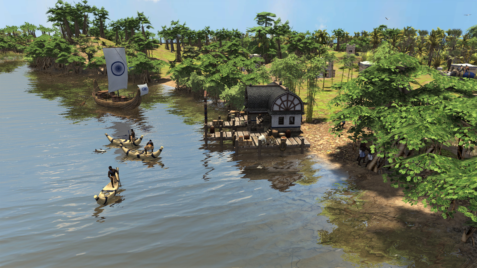 Vue HD d’une partie de jeu représentant un port et des pêcheurs