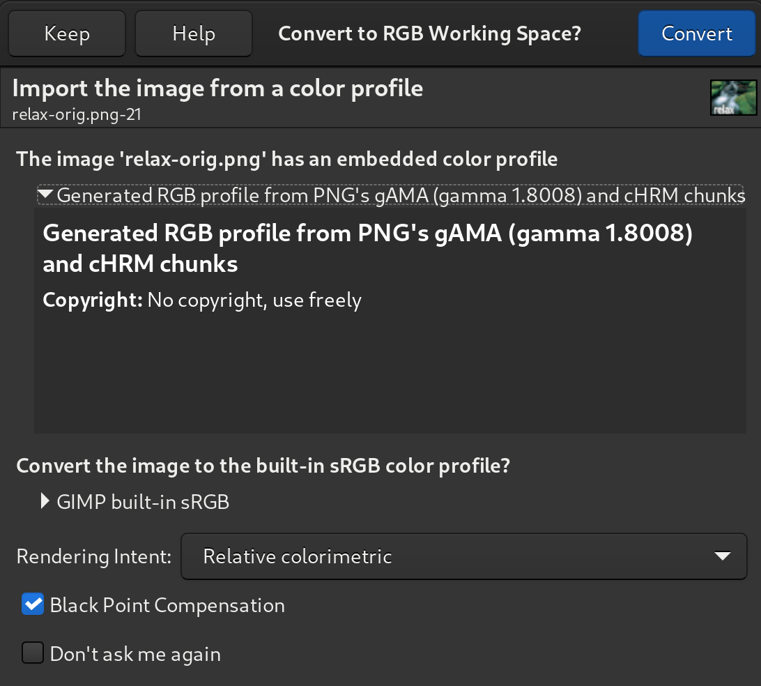 Generating a color profile from PNG gAMA and cHRM chunks - GIMP 2.99.6