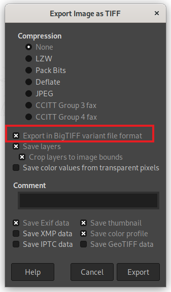 Export au format BigTIFF dans GIMP 2.10.31 : une nouvelle option dans la boîte de dialogue pour l'export au format TIFF
