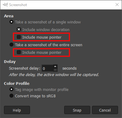 Greffon de capture d'écran sous Windows avec GIMP 2.10.32 : nouvelles options "Inclure le pointeur de la souris"