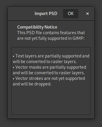 Avertissements de problèmes de compatibilité lors de l'importation d'un fichier PSD - GIMP 2.99.16