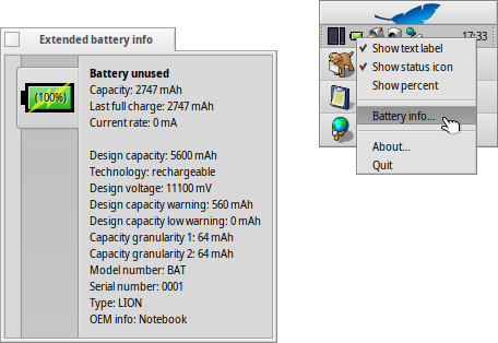 Capture d’écran de PowerStatus: fenêtre principale et icône de la DeskBar avec son menu