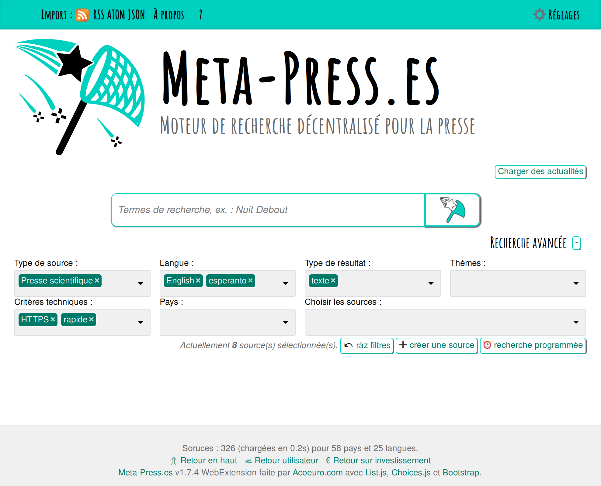 Choix des sources l’extension Meta-Press.es
