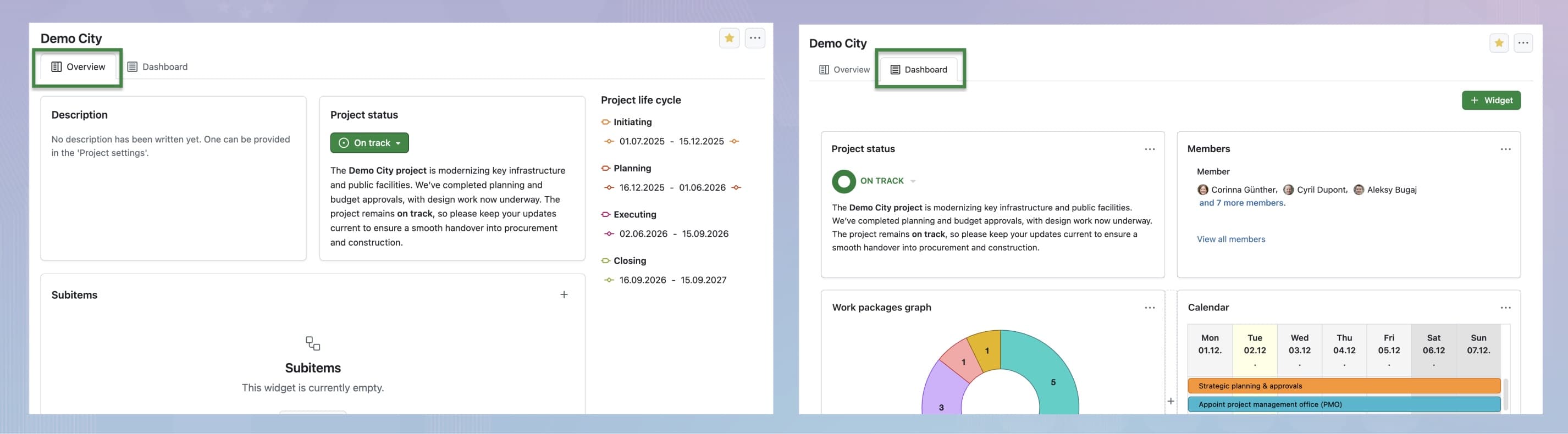 deux captures d'écran de la page d'accueil d'un projet. Celle de gauche montre l'onglet vue d'ensemble, celle de droite l'onglet tableau de bord