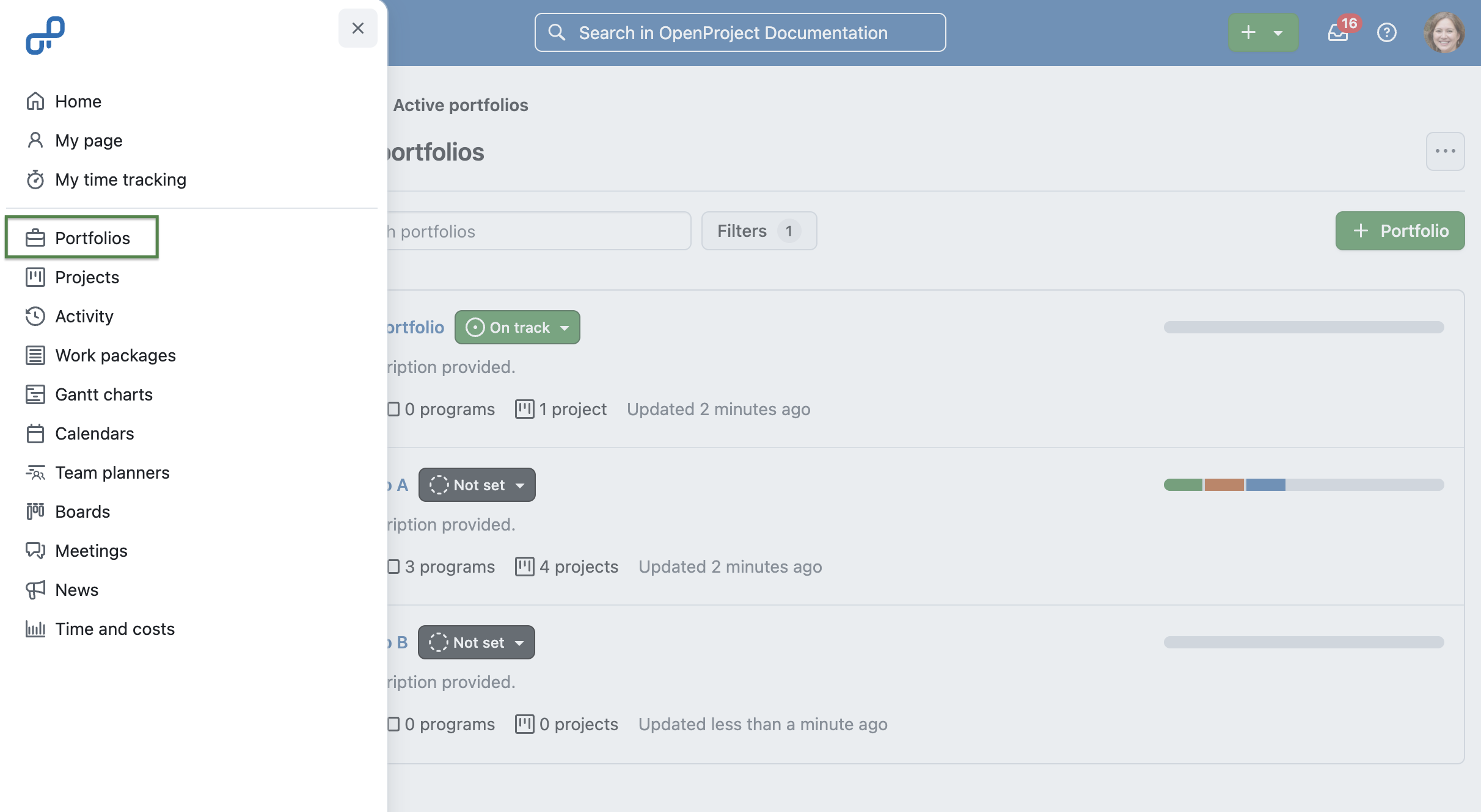 capture d'écran de la page des portefeuilles de projets avec une mise en surbrillance de l'entrée de menu associée