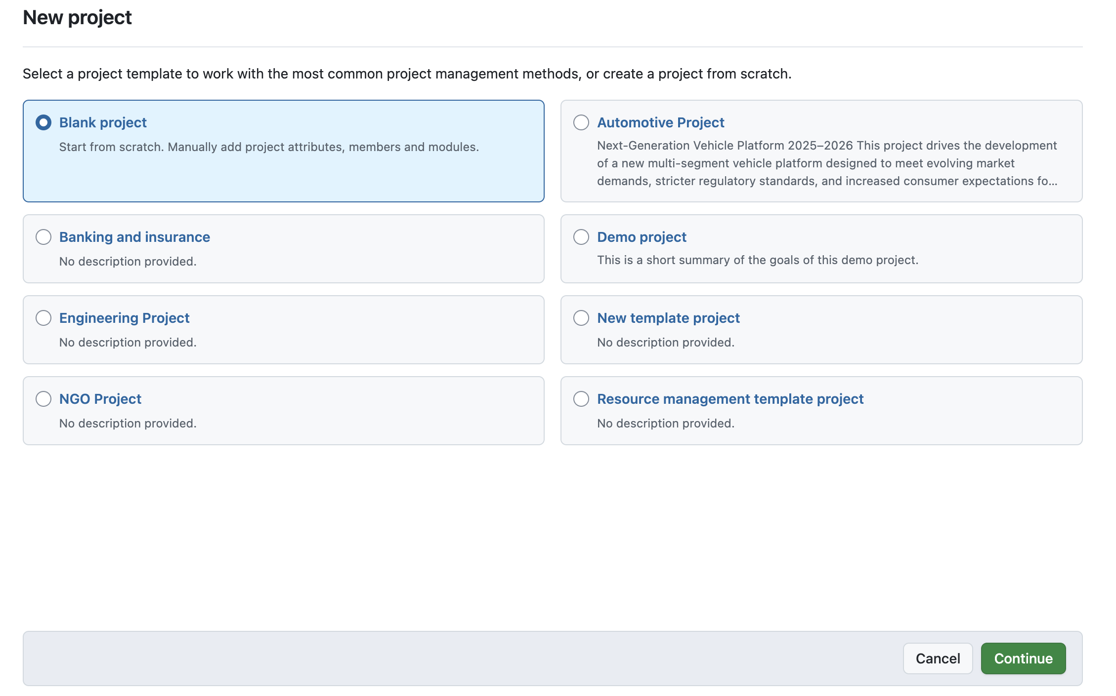 capture d'écran de la création d'un nouveau projet à l'étape du choix du modèle de projet à utiliser