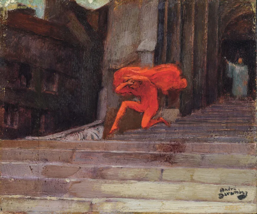 Le diable en rouge est sur les escaliers de l’église chassé par un homme habillé en gris-blanc