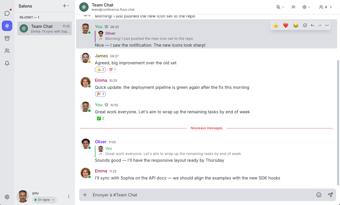 Source : https://xmpp.org//images/newsletter/2026-04-05/fluux-messenger.png Le client XMPP pour les équipes Fluux