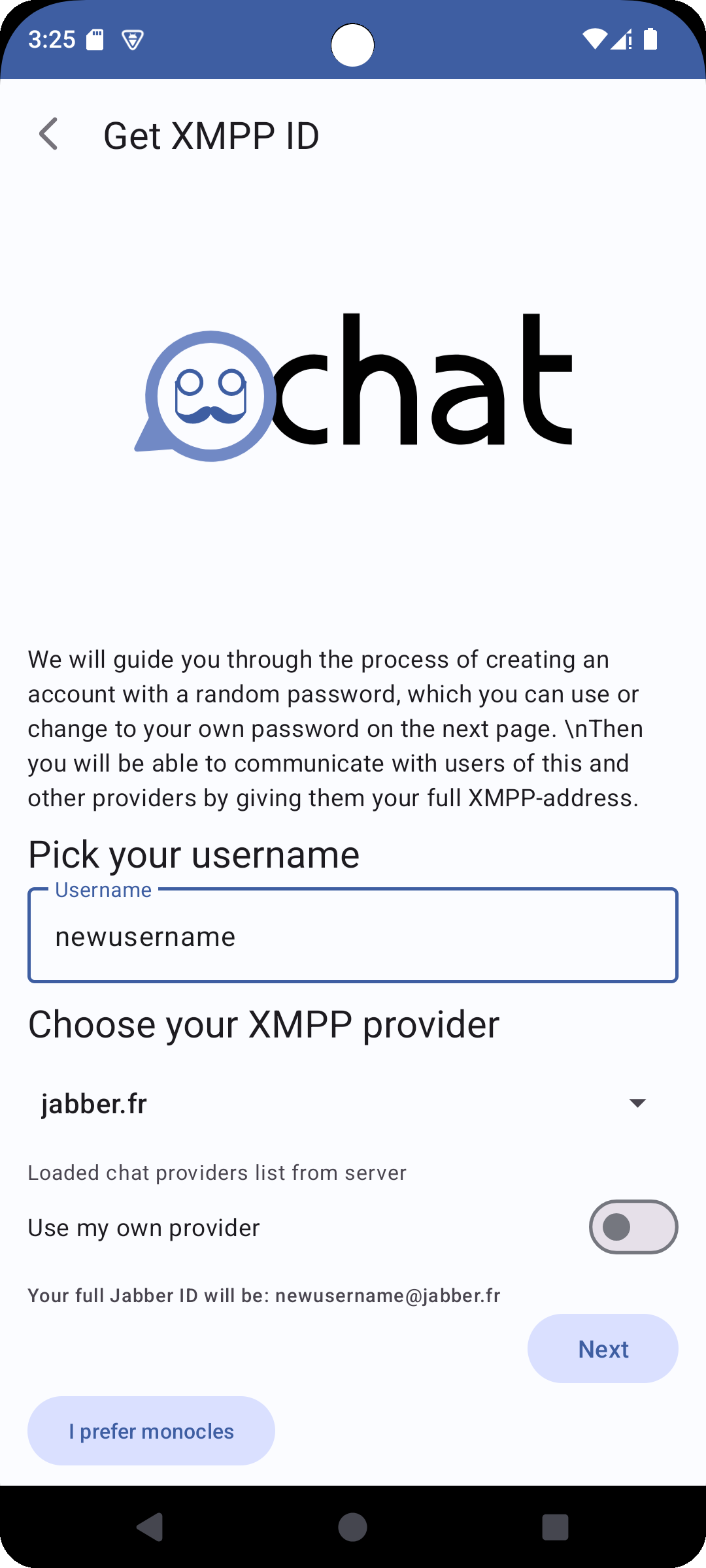 Monocles Chat 2.0.6 : Enregistrez-vous sur votre propre serveur XMPP ou choisissez-en un dans la liste des fournisseurs