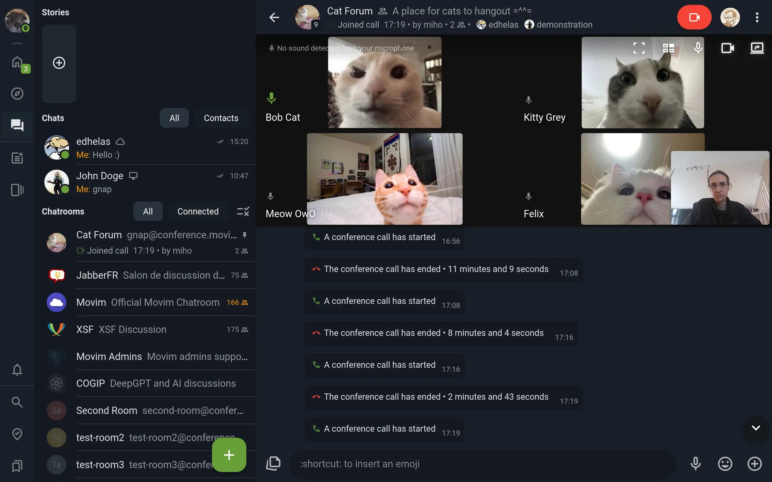 Movim 0.30 (Encke) : Appels multi-participants. Bob Cat a l'air mécontent de la présence du “Hooman” en bas à droite de l'écran !