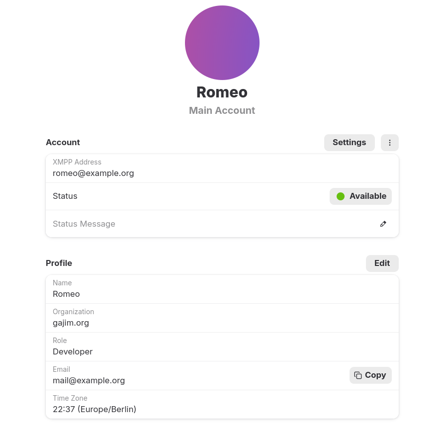 Source : https://xmpp.org/images/newsletter/2025-12-05/gajim-profile.png Gajim : votre profile sur la page des comptes
