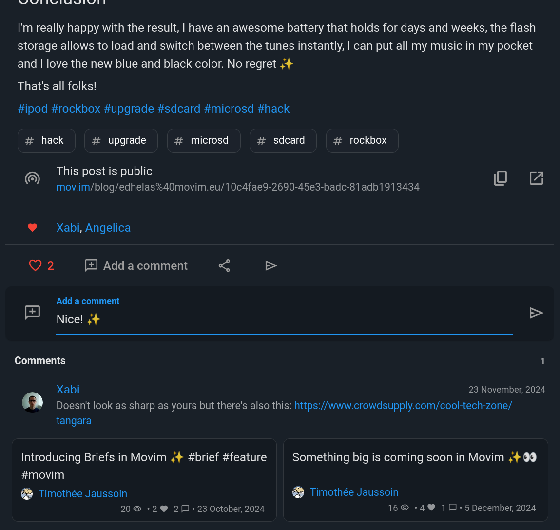 Source : https://xmpp.org/images/newsletter/2025-12-05/movim-chat_image.png Movim : Partager, liker, et commenter les articles plus facilement