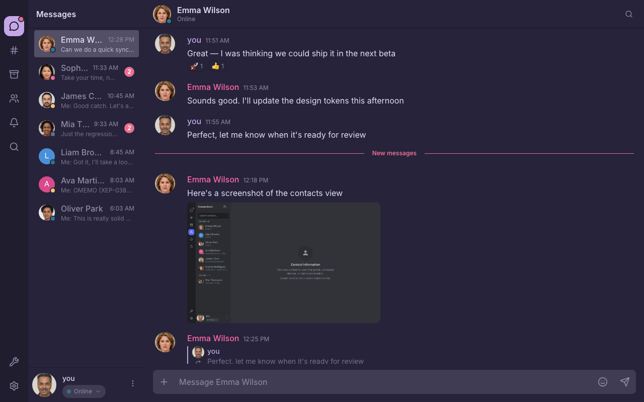 Source : https://xmpp.org/images/newsletter/2026-05-05/fluux_chat_rose_pine.png Fluux Messenger avec le thème Rose Pine